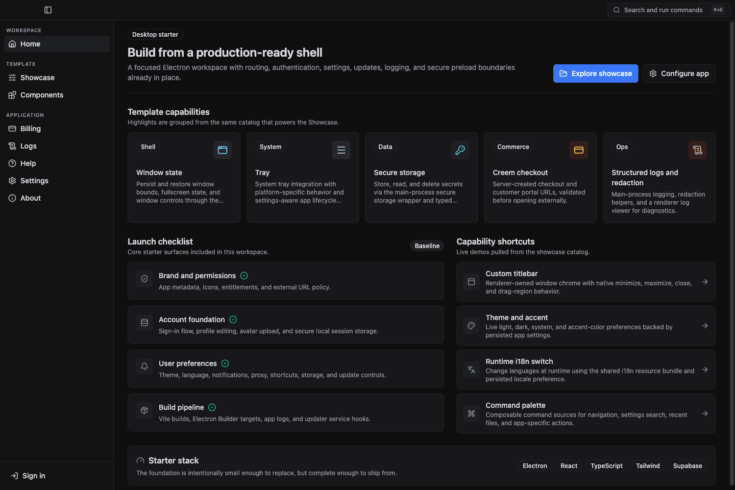 Electron desktop app home screen