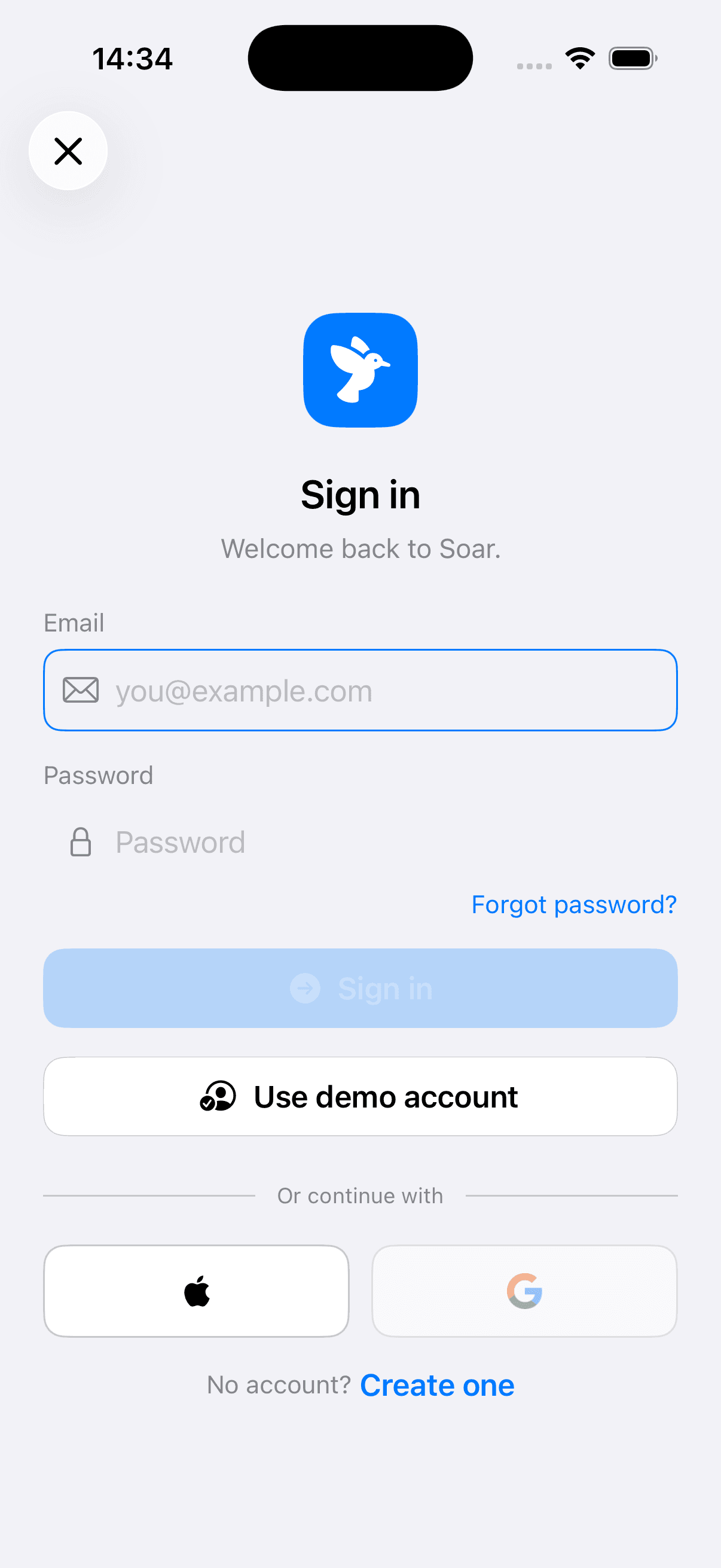 Sign in screen
